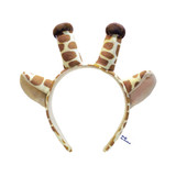 A giraffe-themed headband in brown and beige with ears and horns, featuring a logo on the side.