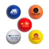 A set of five golf ball-shaped stress relievers in white, orange, red, yellow, and a textured design with logos.
