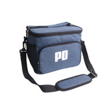 A cooler bag in navy blue with a front pocket and adjustable strap, featuring a logo on the front.