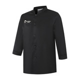 A black 3/4 sleeve single breasted chef jacket featuring a pocket and a logo.