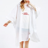 A white reusable PEVA rain poncho with a hood, featuring a logo on the front, designed for adults.