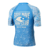 A blue rashie featuring wave patterns and a logo on the back. It has short sleeves and a fitted design.