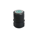 A black custom self-inking stamp with a circular top featuring a logo. A black custom self-inking stamp with a circular top featuring a logo.