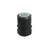 A black custom self-inking stamp with a green logo on the top.