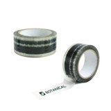 A roll of transparent packing tape with a green botanical design and a second roll beside it.
