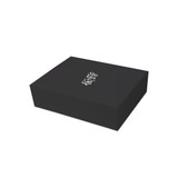 A black foldable magnetic box with a logo on the top surface, designed for packaging.