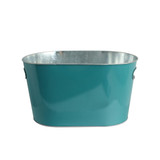 A teal oval ice bucket with a metallic inner lining and side handles. It includes a logo.