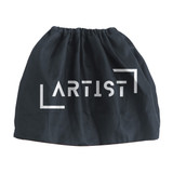 A black fabric bag with a drawstring closure and a logo prominently displayed on the front.