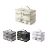 A clear nylon mesh cosmetic bag with double layers, featuring a handle and available in grey, black, and white.