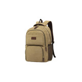 A tan canvas laptop backpack with various compartments and a logo, featuring padded shoulder straps for comfort.