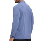 A stylish light blue jacket with a stand-up collar and quarter-zip design, featuring long sleeves and a logo.