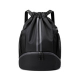 A black drawstring backpack featuring wet and dry separation compartments and mesh side pockets. It has a logo.