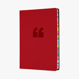 A red A5 notebook with a smooth cover and rainbow-coloured edges, featuring a logo on the front. A red A5 notebook with a smooth cover and rainbow-coloured edges, featuring a logo on the front.