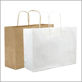 Two kraft paper bags, one brown and one white, both with paper rope handles. Each bag has a plain design. Two kraft paper bags, one brown and one white, both with paper rope handles. Each bag has a plain design.