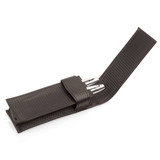 A black PU pen pouch with a flap and silver pens inside, featuring a textured design and a logo.