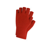 Red knitted fingerless gloves with a ribbed cuff and a woven label. Ideal accessory for cooler weather.