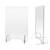 A transparent personal protection screen with a clear design and two supporting stands, suitable for events.