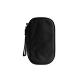 A black electronic accessory organiser bag with a zipper and a wrist strap. It features a logo.
