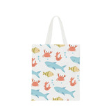A cotton bag with a white background featuring colourful aquatic creatures like fish, crabs, and bubbles, and has short handles.