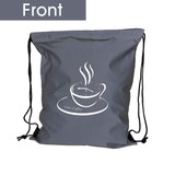 A grey reflective drawstring bag featuring a coffee cup graphic and a logo. The bag has two black drawstrings.