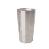 A drink bottle made of stainless steel in a sleek, brushed finish. It features a smooth, cylindrical design and a logo.