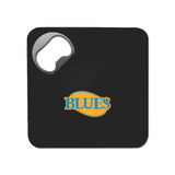 A drink bottle opener in black with a square shape and a cut-out for opening bottles. It features a logo.