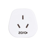 A white universal travel adapter with three prongs and a logo at the bottom.