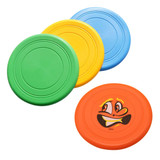 Three silicone frisbees in green, yellow, blue, and orange, featuring a smiling cartoon face on the orange frisbee.