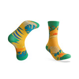 Bright yellow socks featuring tropical floral designs and green accents. Includes a logo on the side.