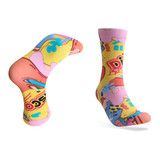 Brightly coloured digital printed socks featuring playful designs in pink, yellow, and blue. They include a logo.