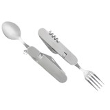A multi-functional camping cutlery tool in silver, featuring a spoon, fork, and corkscrew. It has a sleek design with a logo.