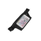 A black waist bag with a transparent phone pocket on the front. It features adjustable straps and a logo.