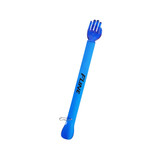 A blue back scratcher and shoehorn, featuring a hand-shaped end and a loop for easy storage.