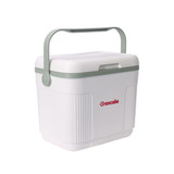 A 22L cooler box in white with a green handle, featuring a logo on the front.