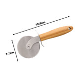 A pizza cutter wheel with a stainless steel blade and a hand-carved wooden handle, featuring a natural wood finish.