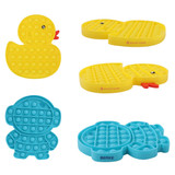 Bright yellow and blue Pop It fidget toys in various shapes, including a duck and a monkey. Each has a logo.
