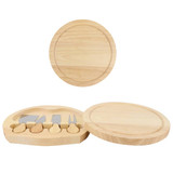 A wooden cheese board set with a circular serving board and four cheese knives, all in a light timber finish.