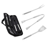 Three stainless steel barbecue tools including a spatula, fork, and tongs, packaged in a black pouch.