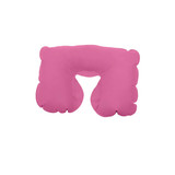 A pink inflatable travel pillow with a contoured shape for neck support, featuring a logo.