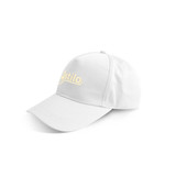 A white cap featuring a logo, designed with eco-friendly materials for headwear.