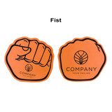 An orange foam mitt shaped like a fist with a logo on one side.
