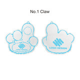 A pair of paw-shaped foam mitts in white with blue outlines and a logo design.