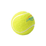 A bright yellow tennis ball featuring a logo and standard white stripes. Ideal for sports and outdoor activities.