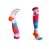 Knee high socks featuring a vibrant splash pattern in blue, pink, orange, and white, with a logo on one sock.