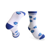 Crew woven work socks featuring a blue and white design with floral patterns. Includes a towel bottom for comfort.