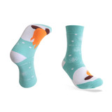 Crew thermal socks in teal with a fun pattern featuring snowflakes and a character design. Includes a logo.