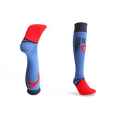 Knee high football socks featuring a blue design with red accents and logo, ideal for sports uniforms.