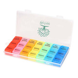 A pill organiser with multiple compartments in vibrant colours, featuring a transparent lid and branding.