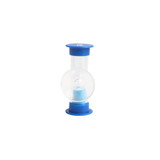 A blue and clear sand timer with a round centre, designed to measure three minutes.