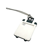 A white ABS luggage tag with a black border and a clear loop attachment. It features a name display area.